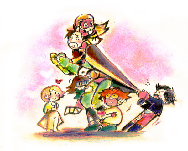 3boys 3girls arrowette bart_allen cape cassandra_sandsmark child climb clinging dc_comics glasses gloves goggles greta_hayes hug image_sample impulse kon-el multiple_boys multiple_girls pixiv_sample pull resized robin_(dc) secret_(dc) superboy superhero_costume tim_drake wonder_girl young_justice