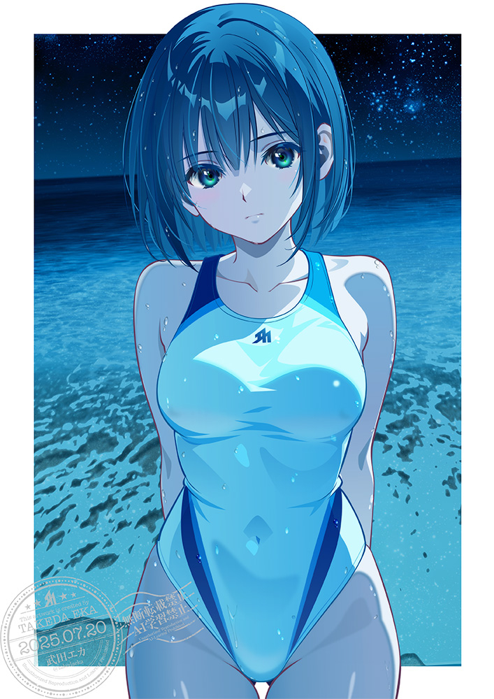 1girl 2025 artist_name blue_eyes blue_hair blue_theme breasts closed_mouth commentary competition_swimsuit covered_navel dated english_commentary expressionless groin hair_between_eyes large_breasts looking_at_viewer ocean one-piece_swimsuit original short_hair sky solo star_(sky) starry_sky swimsuit takeda_eka wet wet_hair white_one-piece_swimsuit