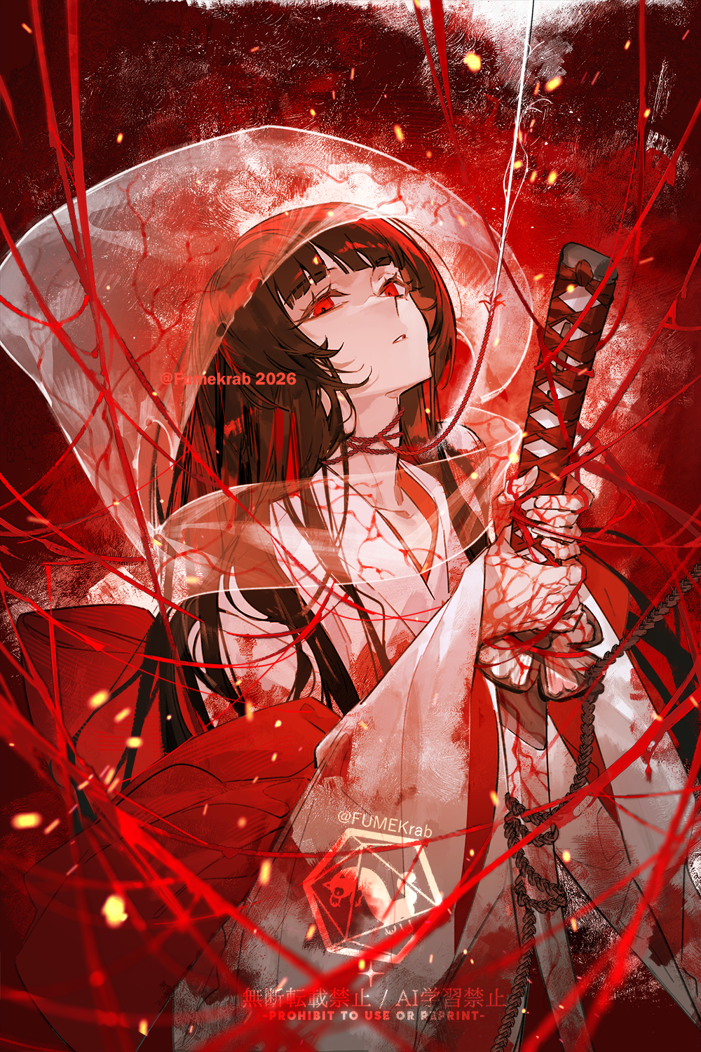 1girl artist_name black_hair blunt_bangs bridal_veil chinese_commentary commentary_request cowboy_shot dated e.g.o_(project_moon) great_trichiliocosm_(e.g.o) highres holding holding_weapon japanese_clothes katana kimono krab_(fumekrab) limbus_company long_hair long_sleeves looking_at_viewer parted_lips project_moon red_eyes red_rope red_theme rope rope_around_waist ryoshu_(project_moon) see-through_hat shiromuku solo string sword uchikake veil wataboushi watermark weapon white_kimono wide_sleeves