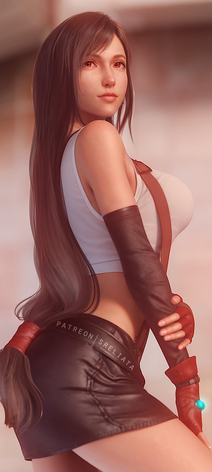 1girl 3d bare_shoulders black_hair black_skirt black_sleeves blurry blurry_background breasts commentary cowboy_shot crop_top detached_sleeves earrings english_commentary final_fantasy final_fantasy_vii final_fantasy_vii_remake fingerless_gloves from_side gloves hand_on_own_arm highres jewelry large_breasts lips long_hair looking_to_the_side low-tied_long_hair materia miniskirt official_alternate_costume patreon_username pencil_skirt red_eyes red_gloves single_earring skirt solo sreliata suspender_skirt suspenders swept_bangs tank_top tifa_lockhart white_tank_top