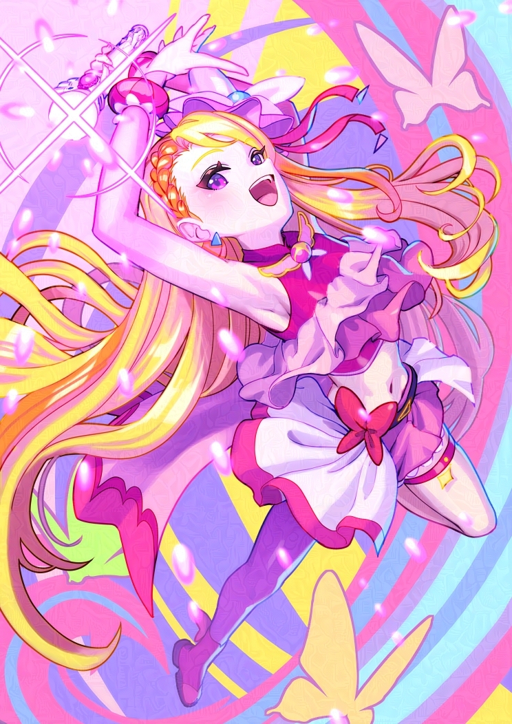 1girl ankle_boots arms_up bad_id bad_twitter_id belt black_belt blonde_hair boots bow braid braided_bangs bridal_gauntlets brooch bug butterfly butterfly_hat_ornament commentary cropped_shirt cure_butterfly diffraction_spikes earrings elbow_gloves frilled_shirt frills full_body gloves hat hat_ornament hijiri_ageha hirogaru_sky!_precure holding insect jewelry leg_up light_particles long_hair looking_at_viewer magical_girl microskirt midriff mob_cap multicolored_hair navel open_mouth orange_hair pantyhose pink_boots pink_gloves pink_hat pink_shirt pink_skirt pleated_skirt precure purple_eyes purple_pantyhose red_bow shirt showgirl_skirt shrimp1634 single_leg_pantyhose skirt skirt_bow sky_mirage sleeveless sleeveless_shirt smile solo thigh_strap tilted_headwear two-tone_hair very_long_hair wing_brooch