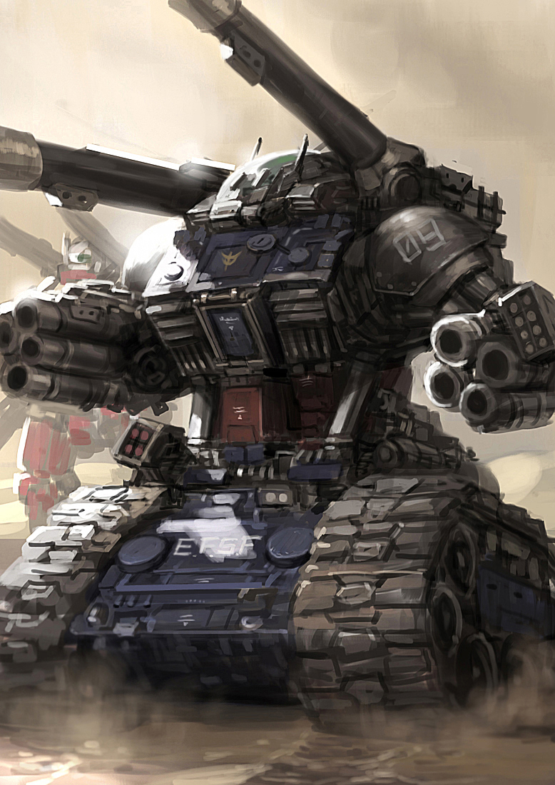cannon caterpillar_tracks damaged earth_federation emblem gun guncannon gundam guntank machine_gun mecha mobile_suit_gundam realistic rickyryan robot science_fiction sketch weapon