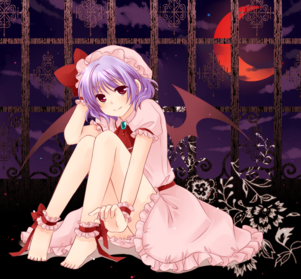 1girl ankle_cuffs ankle_garter anklet bad_id bad_pixiv_id barefoot bat_wings blush crescent_moon dress feet female_focus flower hat jewelry light_purple_hair love-moon moon nanaji_yuuki night purple_hair red_eyes red_moon remilia_scarlet short_hair sitting sky smile solo touhou wings wrist_cuffs