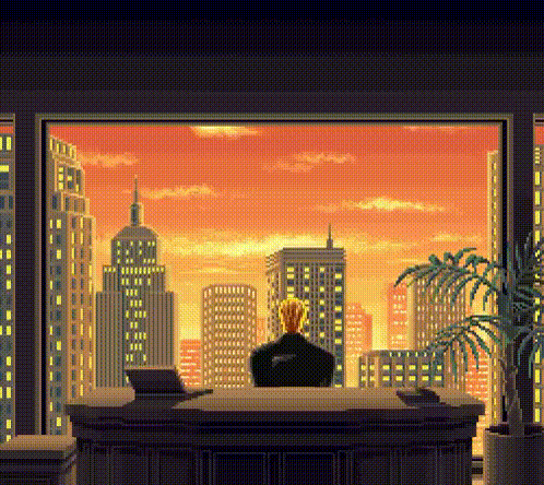 1boy animated animated_gif black_necktie black_pants blonde_hair brown_shoes cityscape crossed_arms fatal_fury fatal_fury_3 feet_on_table formal_clothes game_screenshot geese_howard indoors long_sleeves looking_at_viewer male_focus necktie office orange_sky pants pixel_art shoes sky smile snk solo video_game_screencap watch wristwatch