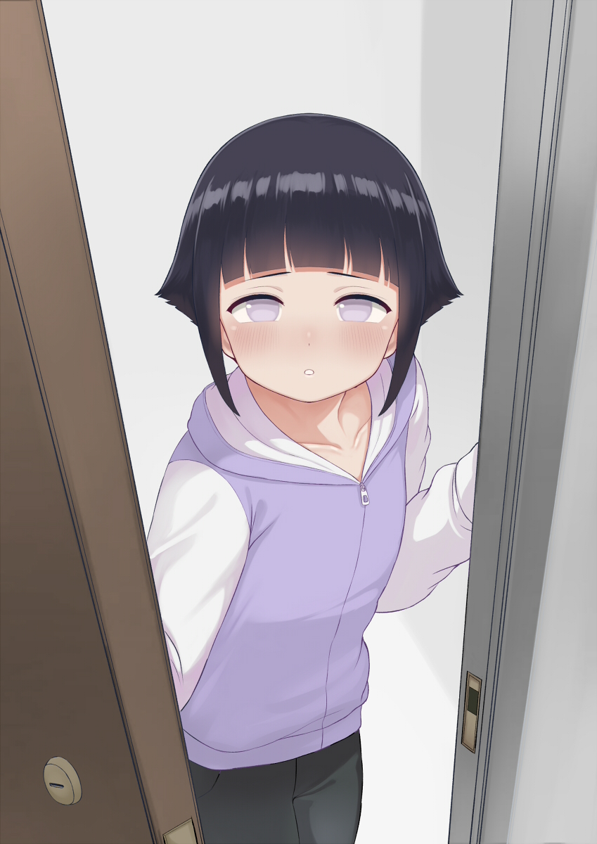 1girl aged_down atg_(wttoo0202) black_hair black_pants blunt_bangs blush collarbone commentary_request door highres hyuuga_hinata jacket looking_at_viewer naruto_(classic) naruto_(series) open_door pants parted_lips purple_eyes purple_jacket short_hair standing