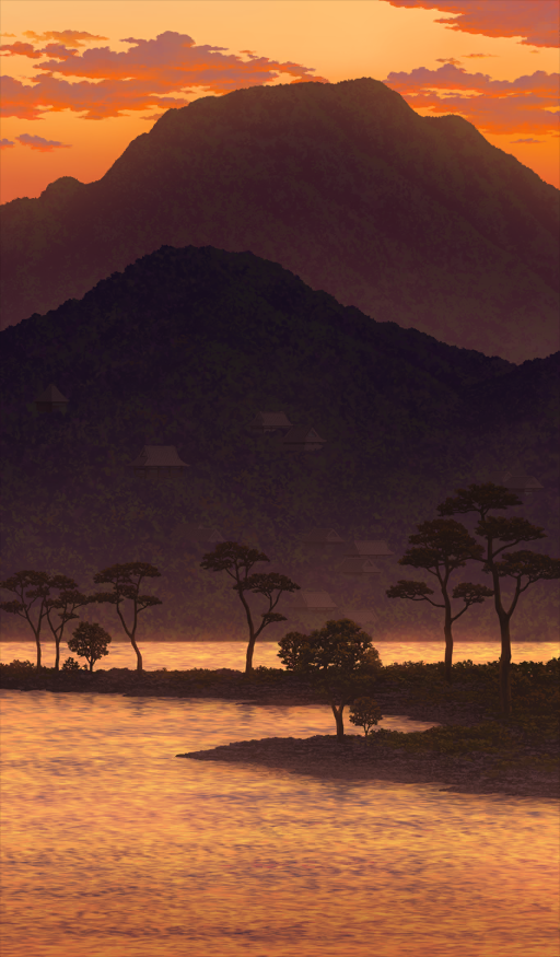 cloud commentary_request fate/grand_order fate_(series) game_cg mibuta_akihiro mountainous_horizon no_humans official_art orange_sky scenery sky sunset third-party_source tree warm_colored water