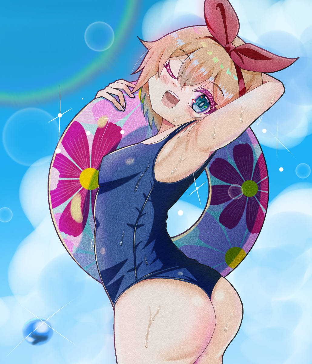 1girl :d ;d aqua_eyes armpits ass bare_arms black_one-piece_swimsuit blonde_hair blue_sky blush bow breasts cloud commentary day english_commentary flukechan hair_between_eyes hair_bow highres innertube looking_at_viewer old_school_swimsuit one-piece_swimsuit one_eye_closed open_mouth outdoors petra_leyte presenting_armpit re:zero_kara_hajimeru_isekai_seikatsu red_bow school_swimsuit short_hair sky small_breasts smile solo standing swim_ring swimsuit teeth upper_teeth_only wet