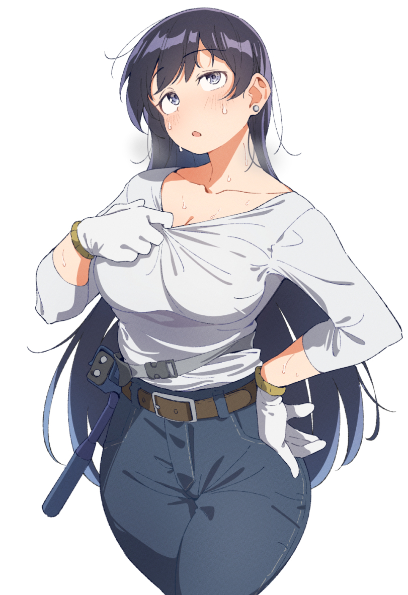1girl black_hair breasts denim downscaled gloves jeans long_hair non-web_source pants resized ruri_no_houseki sweat white_background