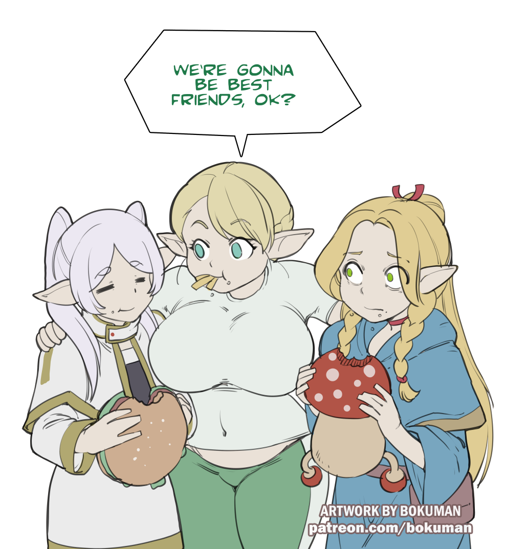 3girls artist_name blonde_hair bokuman braid breasts burger closed_eyes closed_mouth commentary covered_navel cowboy_shot crossover dungeon_meshi eating elf elf-san_wa_yaserarenai. elfuda_(elf-san_wa_yaserarenai.) english_commentary english_text food food_in_mouth french_fries frieren green_eyes green_pants grey_hair hand_on_another's_shoulder large_breasts long_hair looking_at_another looking_to_the_side marcille_donato multiple_crossover multiple_girls mushroom pants patreon_username plump pointy_ears simple_background sousou_no_frieren speech_bubble talking twin_braids walking_mushroom_(dungeon_meshi) watermark web_address white_background