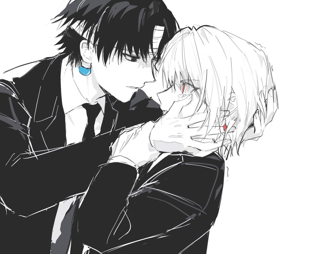 2boys bandaged_head bandages chrollo_lucilfer collared_shirt crying curtained_hair earrings eye_contact face-to-face greyscale hand_on_another's_face hunter_x_hunter jacket jewelry kurapika looking_at_another male_focus monochrome multiple_boys necktie red_eyes sevenlistening shirt short_hair simple_background suit_jacket tears teeth upper_body white_background