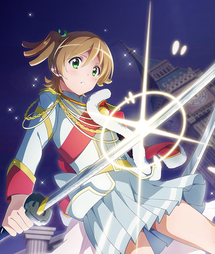 1girl belt blue_sky brown_hair clock clock_tower cowboy_shot daiba_nana diffraction_spikes dress elizabeth_tower epaulettes game_cg glint green_eyes green_ribbon grey_dress hair_ribbon holding holding_sword holding_weapon jacket looking_at_viewer medium_hair official_art one_side_up parted_lips pillar red_sash ribbon sash shoujo_kageki_revue_starlight sky solo sparkle sword teeth third-party_source toji_no_miko toji_no_miko:_kizamishi_issen_no_tomoshibi tower weapon white_jacket yellow_belt