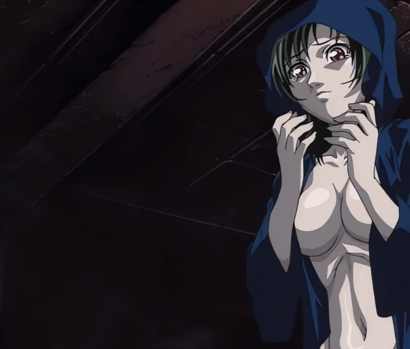 00s 1girl 2002 animated animated_gif basement bible_black bible_black_gaiden bouncing_breasts breasts cloak green_hair large_breasts morita_rie nipples ritual robe short_hair tagme twintails