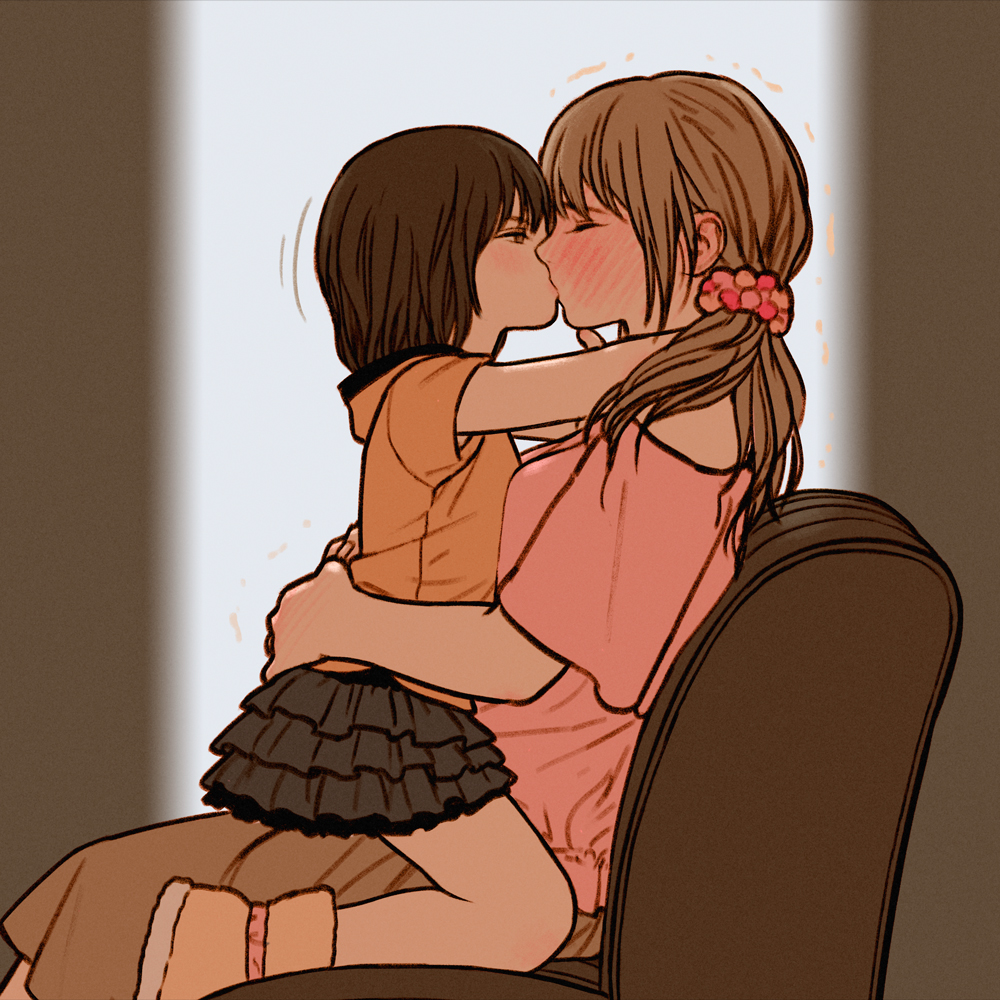 2girls age_difference black_skirt blush brown_eyes brown_hair brown_skirt closed_eyes commentary_request ear_blush female_focus from_side full-face_blush hair_ornament hair_scrunchie hands_on_another's_back hug incest kiss lap layered_skirt loli long_hair low-tied_long_hair mother_and_daughter multiple_girls nose_blush off-shoulder_shirt off_shoulder on_lap onee-loli orange_shirt original pink_shirt profile rustle scrunchie shirt short_hair short_sleeves sitting sitting_on_lap sitting_on_person skirt straddling trembling upright_straddle yuri