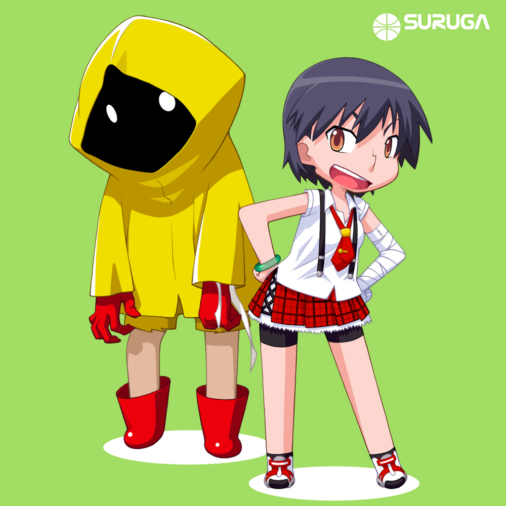 10s 1girl bakemonogatari bandages bare_shoulders bike_shorts boots brown_eyes character_name chibi dual_persona english_text glowing glowing_eyes green_background kamocham kanbaru_suruga monogatari_(series) necktie nisemonogatari plaid_clothes plaid_skirt purple_hair raincoat rainy_devil rubber_boots short_hair shorts simple_background skirt sleeveless spoilers white_eyes