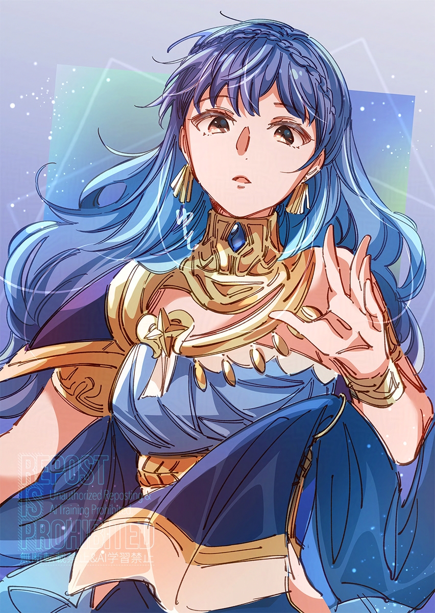 1girl alternate_costume armlet bare_shoulders blue_dress blue_hair bracelet braid breasts brown_eyes choker_jewel crown_braid dancer dancer_(fire_emblem:_three_houses) dress earrings fire_emblem fire_emblem:_three_houses fire_emblem_heroes gem highres jewelry long_hair looking_at_viewer marianne_von_edmund marianne_von_edmund_(serene_adherent) marianne_von_edmund_(timeskip) medium_breasts nintendo official_alternate_costume official_alternate_hairstyle open_mouth single-shoulder_dress solo upper_body very_long_hair yutohiroya