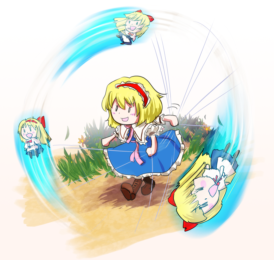 0_0 1girl :d afterimage alice_margatroid apron black_dress black_shoes blonde_hair blue_dress blush blush_stickers boots bow brown_boots capelet chibi d: dirt doll dress drooling frilled_dress frilled_hairband frilled_ribbon frills grass hairband honyacchi hourai_doll medium_hair motion_blur motion_lines mouth_drool no_fingers open_mouth pink_ribbon red_bow red_hairband ribbon shanghai_doll shoes short_hair smile spinning string touhou walking white_apron white_background white_capelet |_|