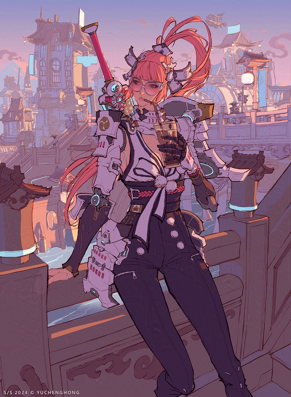 2024 against_railing architecture arm_at_side arm_support armor artist_name black_pants black_sash black_trim blue_eyes blunt_bangs breasts bridge bubble_tea city cloud commentary copyright_notice cup cyberpunk cyborg dated day disposable_coffee_cup disposable_cup drinking drinking_straw drinking_straw_in_mouth east_asian_architecture emblem english_commentary eyes_visible_through_eyewear feet_out_of_frame floating_clothes hair_ornament hand_up high_ponytail highres hip_armor holding holding_cup japanese_armor leaning long_hair looking_to_the_side mechanical_arms mechanical_collar medium_breasts mountainous_horizon orange-tinted_eyewear orange_hair orange_lips orange_rope original outdoors pants pom_pom_(clothes) ponytail railing redesign ribbon river rope rope_around_waist round_eyewear samurai sash science_fiction shoulder_armor sideboob sidelocks sky stairs standing steampunk sword sword_on_back taiwan tank_top tinted_eyewear turning_head waist_ribbon water weapon weapon_on_back white_ribbon white_tank_top yin_yang yu_cheng_hong zipper