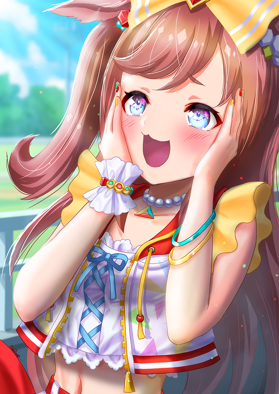 1girl agnes_digital_(full-color_fangirling)_(umamusume) agnes_digital_(umamusume) animal_ears bead_necklace beads belt blue_eyes blush bow bracelet collarbone commentary_request hair_bow hands_on_own_face highres horse_ears horse_girl jewelry long_hair looking_at_viewer midriff multicolored_nails navel necklace open_mouth otono_(bkt4b) outdoors pink_hair red_belt shirt single_wrist_cuff sleeveless smile solo two_side_up umamusume white_shirt wrist_cuffs yellow_bow