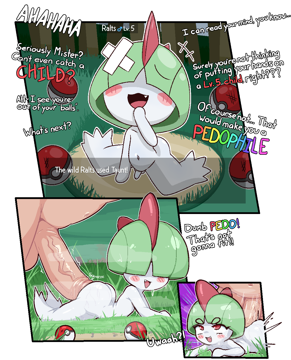 2boys age_difference anal arm_rest arm_support ass bandaid blush blush_stickers calamity33 colored_skin emphasis_lines english_text fang from_side full_body gen_3_pokemon grass green_hair highres interspecies lying mars_symbol mesugaki multiple_boys navel nintendo on_grass on_stomach outdoors panels pedophile penis poke_ball poke_ball_(basic) pokemon pokephilia prone_bone ralts red_eyes sex sex_from_behind short_eyebrows shota sitting size_difference small_penis smug solo_focus sweat talking testicles text_focus thick_eyebrows veins veiny_penis wariza white_skin yaoi