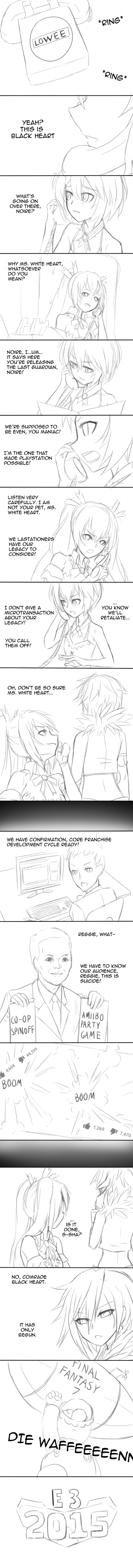 1boy 2015 6+girls absurdres aircraft artist_request black_heart_(neptunia) blanc_(neptunia) comic command_&amp;_conquer command_&amp;_conquer:_red_alert command_&amp;_conquer:_red_alert_2 dirigible e3 english_text greyscale highres long_hair long_image mario mario_(series) monochrome multiple_girls neptune_(series) nintendo noire_(neptunia) non-web_source parody phone real_life red_alert_2 reggie_fils-aime s-sha shin_jigen_game_neptune_vii short_hair simple_background tall_image text_focus twintails white_background white_heart_(neptunia)