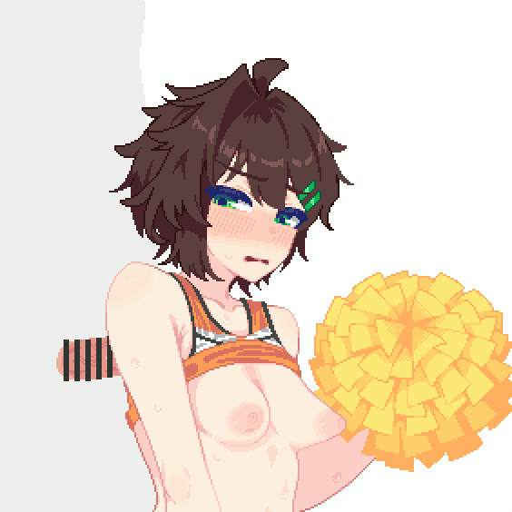 1boy 1girl animated animated_gif armpit_sex bar_censor blush breasts brown_hair censored cheerleader clothes_lift commentary_request cum disembodied_penis green_eyes hair_ornament hanekenomichi-chan hetero hurumero nipples original paid_reward_available penis pom_pom_(cheerleading) short_hair small_breasts solo_focus