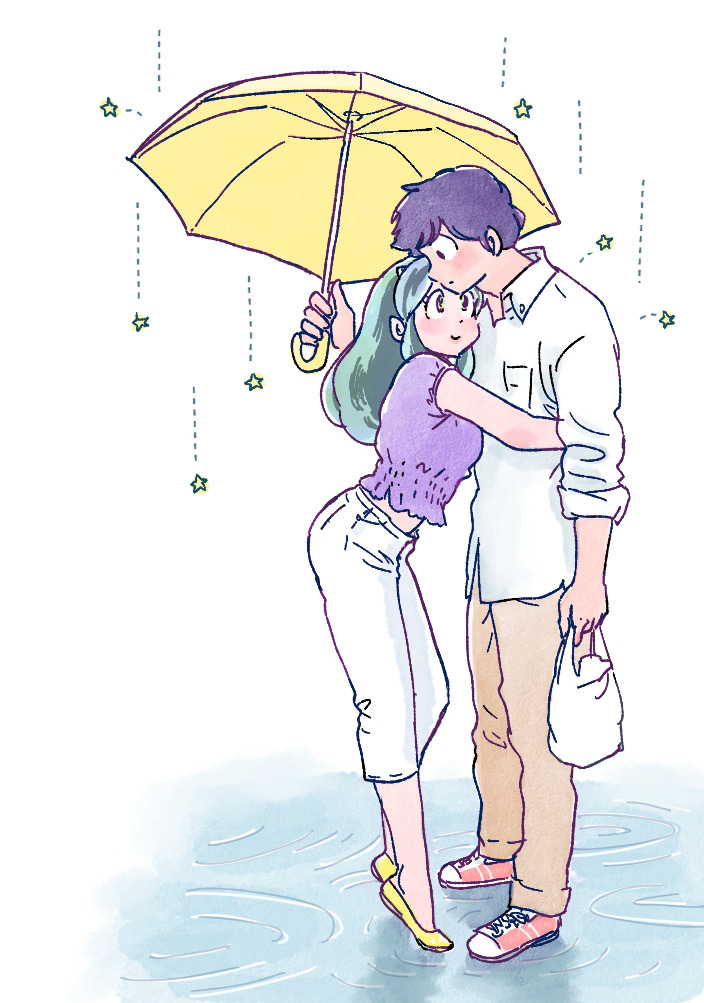 1boy 1girl bag black_eyes black_hair blush brown_pants commentary full_body green_hair holding holding_bag holding_umbrella hug looking_at_another lum miyuki_(hoshikuzumiyuki) moroboshi_ataru pants plastic_bag purple_shirt red_shoes shirt shoes sleeveless sleeves_rolled_up smile standing star_(symbol) symbol-only_commentary umbrella urusei_yatsura white_pants white_shirt yellow_eyes yellow_shoes yellow_umbrella