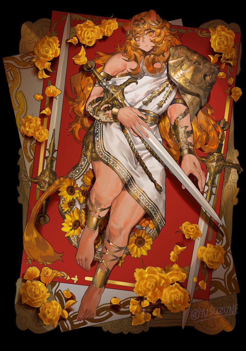 1girl anklet armlet barefoot bracelet commentary english_commentary flower highres holding holding_sword holding_weapon jewelry lion_girl lion_tail long_hair muscular muscular_female orange_eyes orange_hair original shoulder_guard sunflower sword tail toga weapon yusu_zune