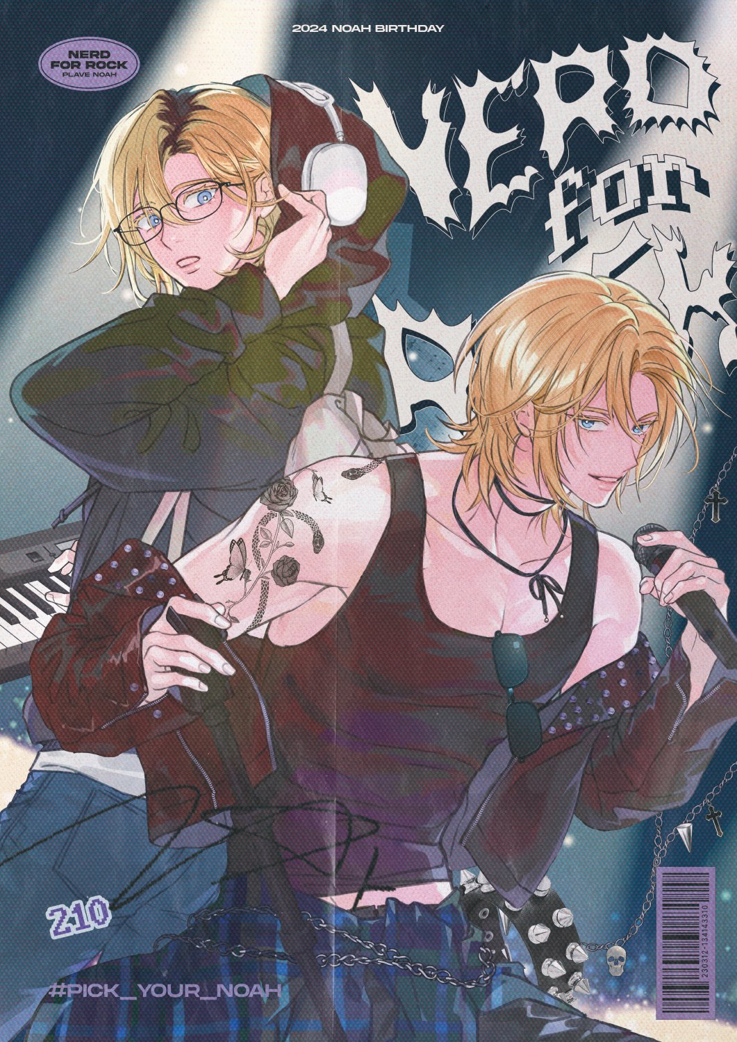 1boy alternate_costume arm_tattoo birthday black_hoodie black_jacket black_tank_top blonde_hair blue_eyes character_name clothes_around_waist commentary eyewear_hang glasses headphones headphones_over_headwear highres holding holding_microphone hood hood_up hoodie jacket jacket_around_waist k-pop korean_commentary looking_at_viewer male_focus medium_hair microphone midriff_peek mole mole_under_eye multicolored_hair multiple_views noah_(plave) open_clothes open_jacket parted_lips plave rjduf666 roots_(hair) studded_jacket sunglasses tank_top tattoo unworn_eyewear