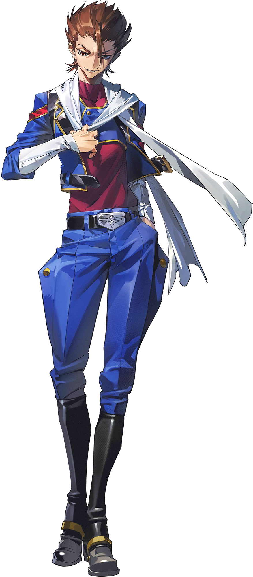 belt black_boots blue_jacket boots brown_hair code_geass code_geass:_boukoku_no_akito code_geass:_genesic_re;code full_body green_eyes highres holding jacket long_hair looking_at_viewer male_focus official_art sayama_ryou short_hair simple_background solo teeth transparent_background