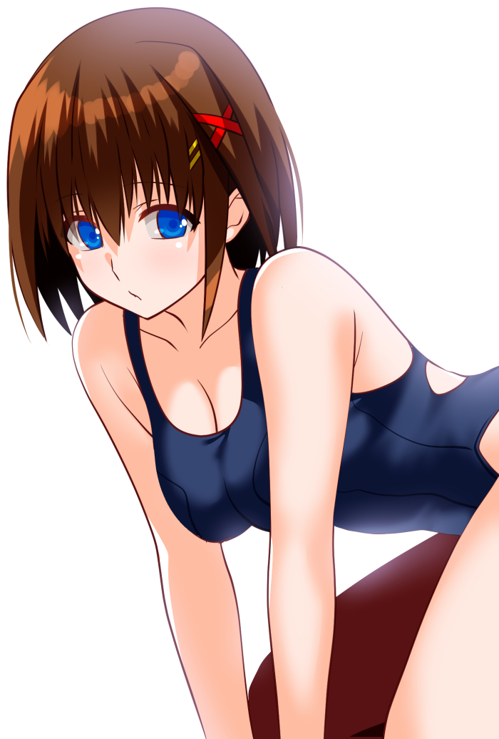 1girl all_fours blue_eyes blue_one-piece_swimsuit breasts brown_hair cleavage commentary_request engo_(aquawatery) hair_ornament highleg highleg_one-piece_swimsuit leaning_forward lyrical_nanoha mahou_shoujo_lyrical_nanoha_strikers medium_breasts one-piece_swimsuit racerback school_swimsuit short_hair simple_background solo swimsuit white_background x_hair_ornament yagami_hayate