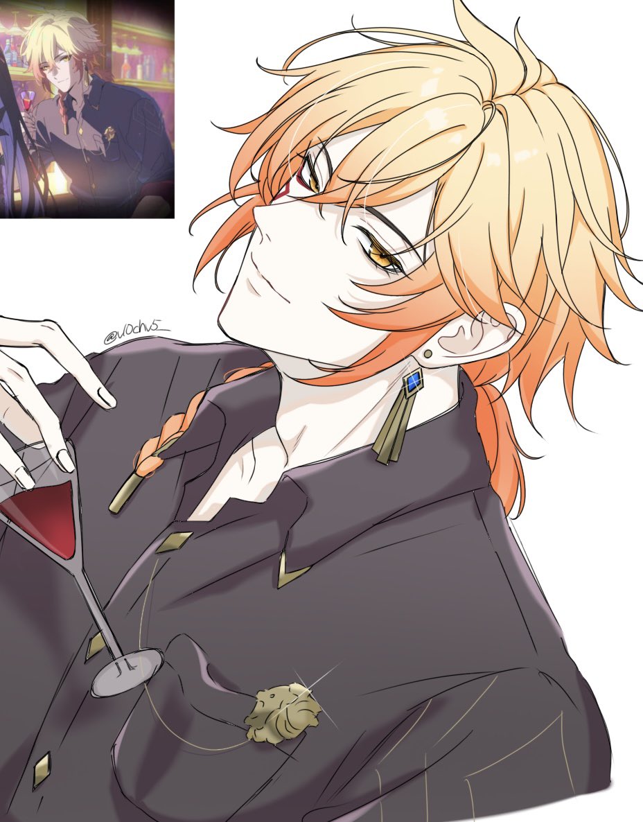 1boy adam's_apple alcohol black_shirt breast_pocket closed_mouth collared_shirt commentary cup drinking_glass dutch_angle earrings game_screenshot gradient_hair holding holding_cup honkai:_star_rail honkai_(series) jewelry looking_to_the_side male_focus multicolored_hair mydei_(honkai:_star_rail) open_collar parted_hair piercing pocket ponytail reference_inset shirt sideways_glance smile solo symbol-only_commentary twitter_username upper_body v10chv5 wine wine_glass wing_collar yellow_eyes