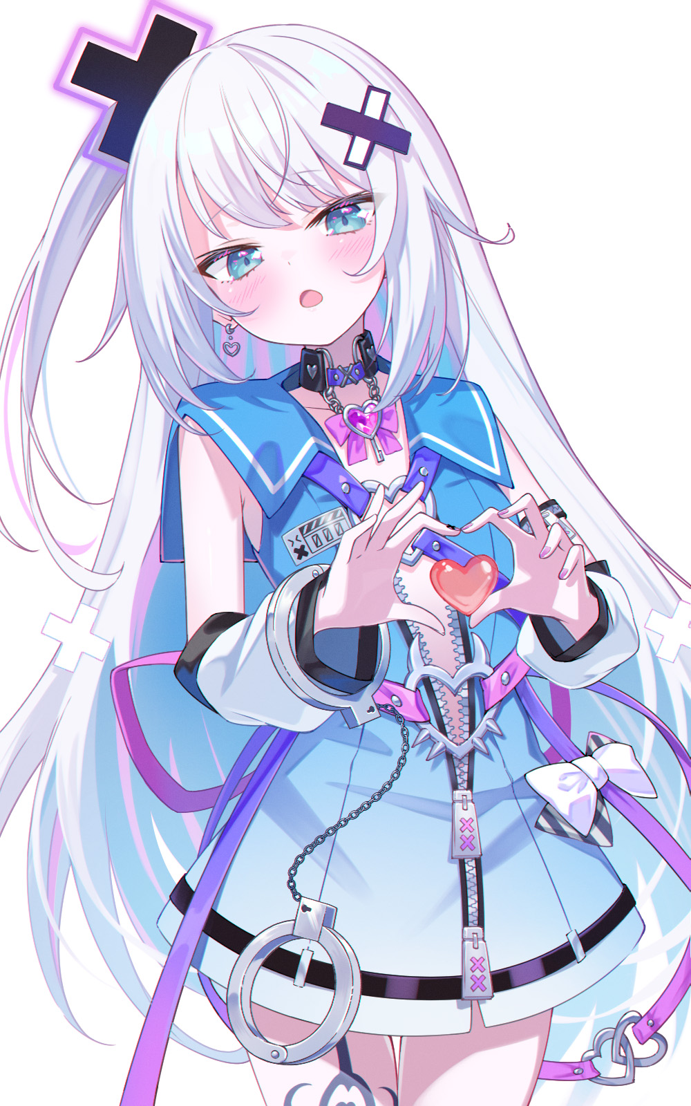 .live 1girl blue_dress blue_eyes blush center_opening chain commentary cuffs detached_sleeves dress earrings flat_chest gem gintoge_gumi gradient_clothes gradient_dress gradient_ribbon hair_ornament handcuffs heart heart_earrings heart_hands heart_necklace heart_o-ring highres jewelry long_hair looking_at_viewer multicolored_hair necklace o-ring one_side_up open_clothes partially_unzipped pink_hair pink_ribbon pink_streaks purple_gem purple_ribbon ribbon shinori_(efvbji6264) single_earring solo standing streaked_hair thighs very_long_hair virtual_youtuber white_hair white_trim x_hair_ornament zipper