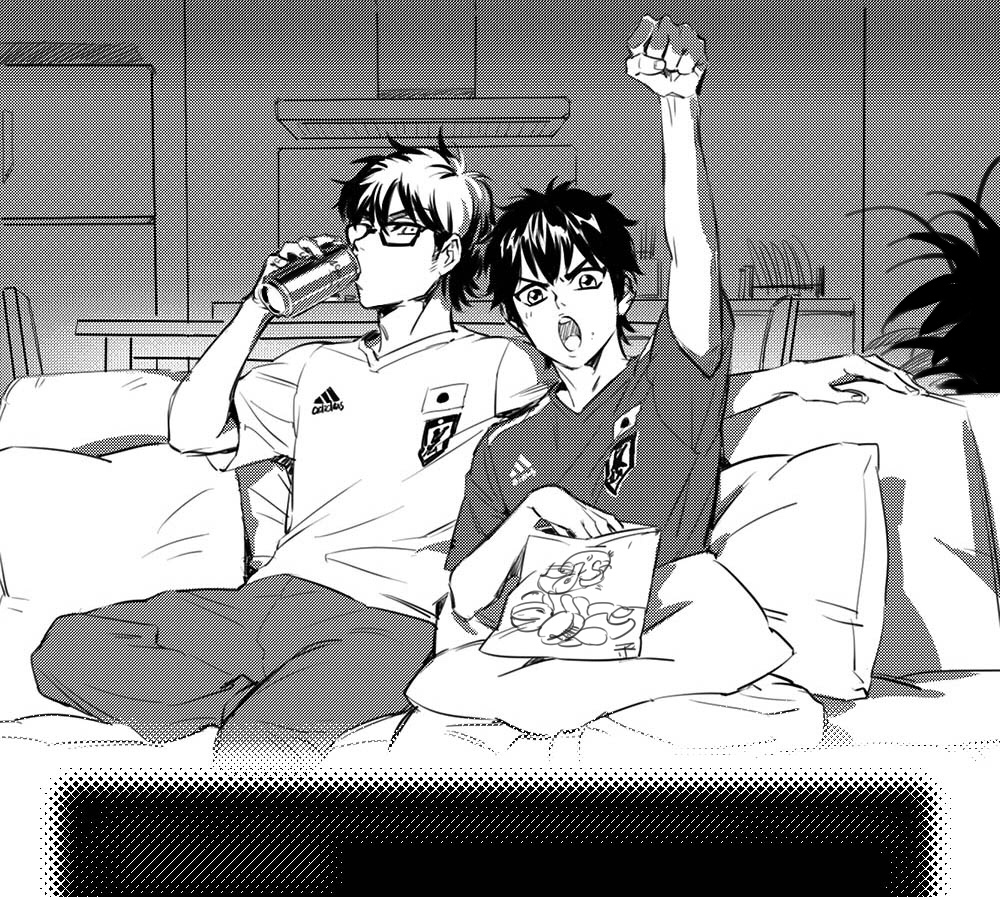 2boys ace_of_diamond arm_up can chips_(food) commentary_request couch drinking food glasses greyscale heise_wanbaolu holding holding_can light_blush male_focus miyuki_kazuya monochrome multiple_boys on_couch open_mouth pants pillow rectangular_eyewear refrigerator sawamura_eijun screentones short_hair sideburns sitting table