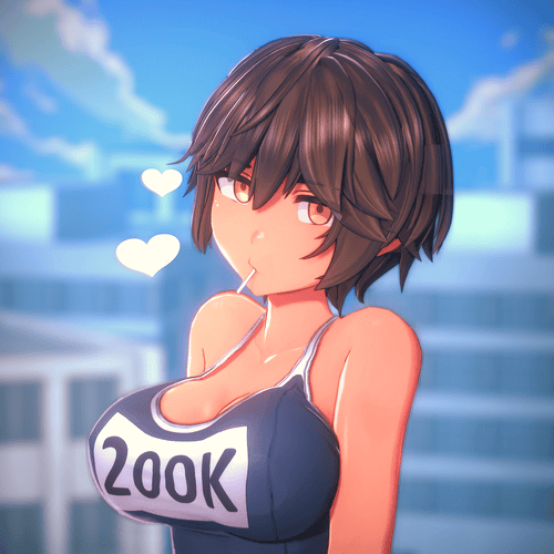 1girl 3d animated animated_gif anna_anon blue_one-piece_swimsuit blue_sky blurry blurry_background bouncing_breasts breasts brown_hair candy commentary competition_school_swimsuit dark-skinned_female dark_skin english_commentary food heart koikatsu_(medium) large_breasts lollipop looking_at_viewer looping_animation lowres milestone_celebration one-piece_swimsuit original outdoors school_swimsuit short_hair sky solo swimsuit upper_body