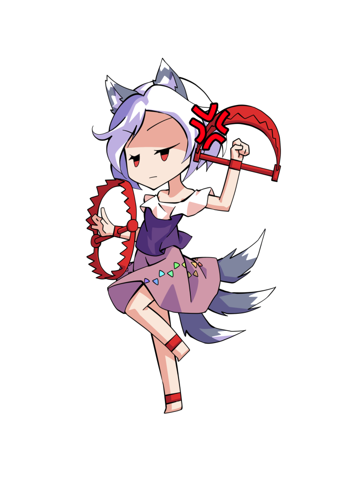 1girl animal_ears anklet arm_up barefoot bear_trap chibi chibi_only commentary_request dairi dog_ears dog_tail full_body grey_hair jewelry large_variant_set mitsugashira_enoko multiple_tails purple_shirt red_eyes shirt short_hair short_sleeves simple_background skirt solo tachi-e tail touhou transparent_background variant_set
