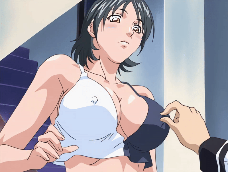 00s 1boy 1girl 2001 angry animated animated_gif bible_black bible_black_night_of_the_walpulgiss black_hair blush breasts breasts_squeezed_together brother_and_sister brown_eyes cleavage clenched_teeth closed_eyes collarbone covered_erect_nipples crop_top embarrassed flustered grabbing_another's_breast groping hetero large_breasts midriff minase_taki minase_yukiko navel nipple_stimulation nipple_tweak no_bra older_sister_and_younger_brother shirt short_hair siblings stairs tagme teeth two-tone_shirt upper_teeth_only white_shirt