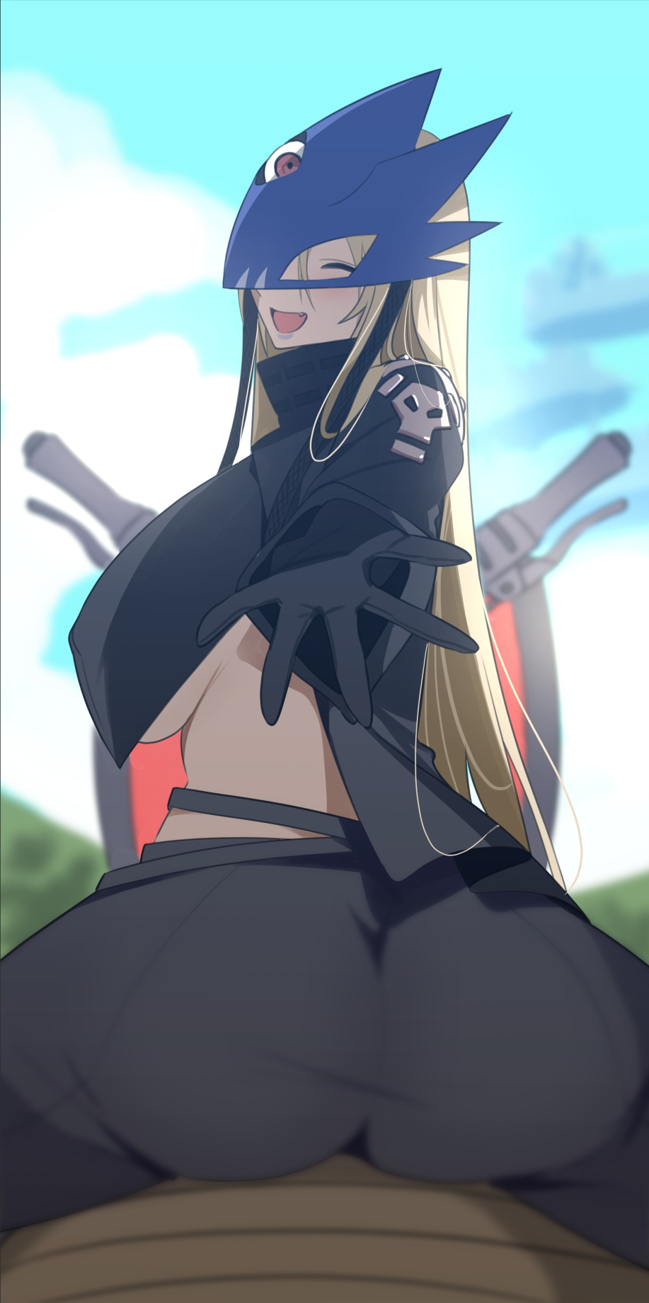 1girl ass beelstarmon behemoth_(digimon) belt black_coat black_gloves black_pants blonde_hair blue_mask breasts coat commentary_request digimon digimon_(creature) digimon_story:_time_stranger eye_mask gloves highres large_breasts leather leather_pants long_hair mask pants solo third_eye underboob yotsumoto_yuu