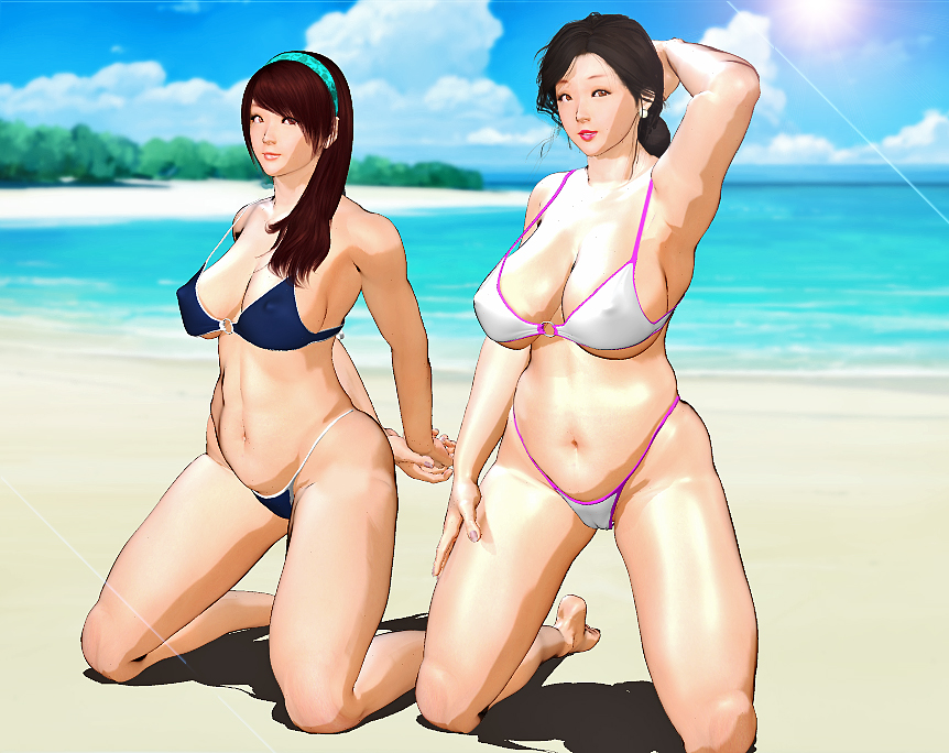 2girls armpits beach bikini black_hair blue_bikini breasts brown_eyes brown_hair cleavage cloud covered_erect_nipples day hairband highleg highleg_bikini kill_the_king kneeling large_breasts long_hair looking_at_viewer mature_female multiple_girls navel ocean outdoors sky swimsuit white_bikini