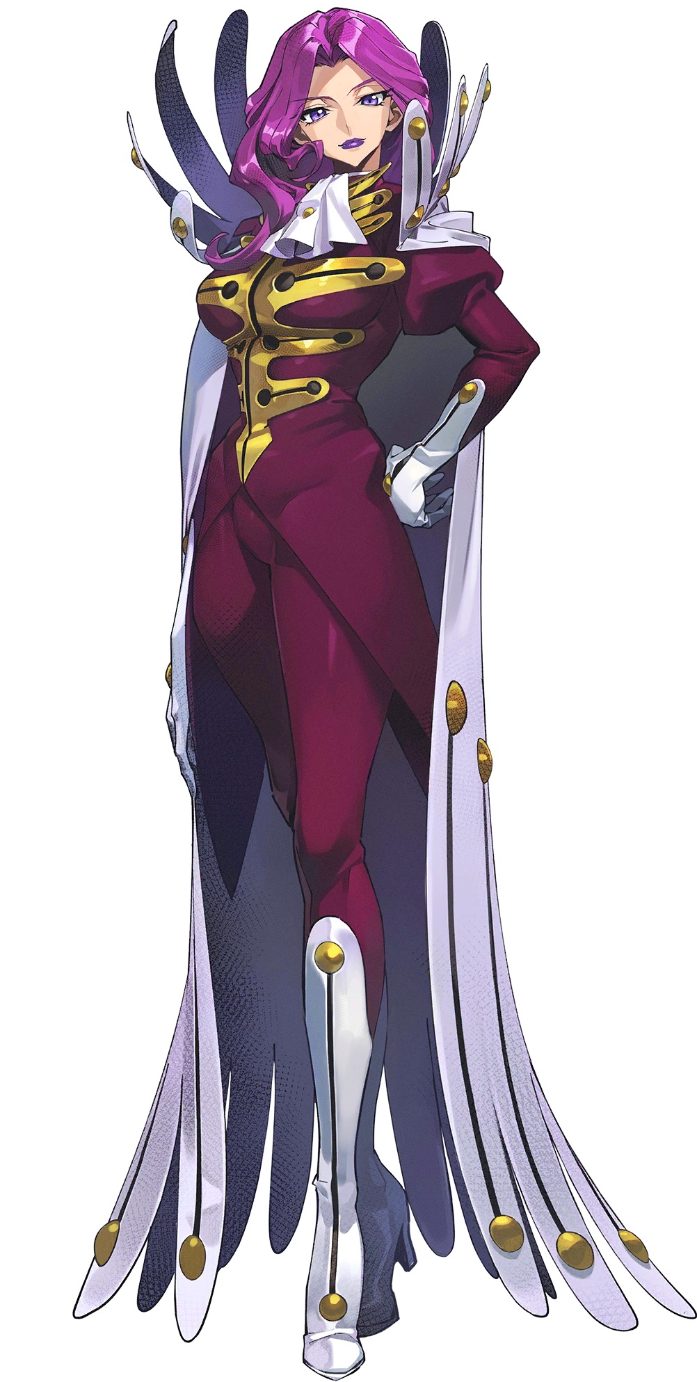 1girl arm_up ascot boots breasts cape coat code_geass code_geass:_genesic_re;code cornelia_li_britannia curtained_hair forehead full_body gloves happy high_collar highres juliet_sleeves large_breasts lipstick long_hair long_sleeves looking_at_viewer makeup military_uniform official_art outstretched_arm parted_lips puffy_sleeves purple_eyes purple_hair purple_lips red_coat sidelocks smile solo standing teeth transparent_background upper_body v-shaped_eyebrows white_ascot white_boots white_cape white_gloves