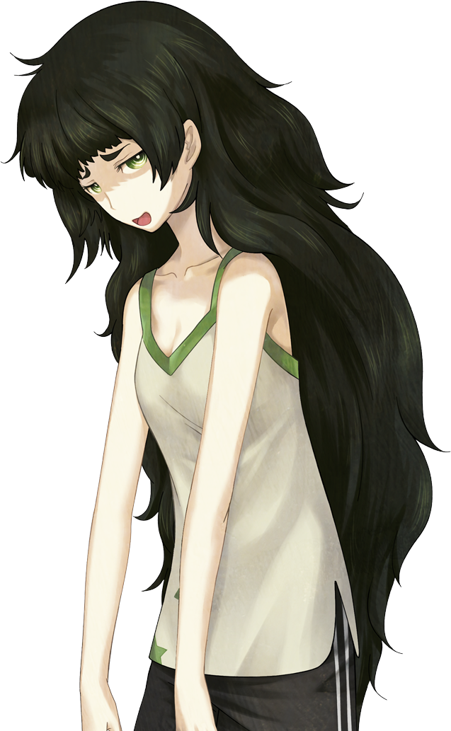 1girl armband bare_shoulders black_shorts blunt_bangs breasts cleavage collar collarbone flat_chest forced_smile game_cg green_armband green_collar green_eyes green_hair green_trim hiyajou_maho huke large_variant_set long_hair looking_at_viewer messy_hair narrowed_eyes non-web_source official_art open_mouth partially_shaded_face science_adventure shorts slouching solo sprite star_(symbol) star_print steins;gate steins;gate_0 striped_clothes striped_shorts tank_top transparent_background variant_set very_long_hair