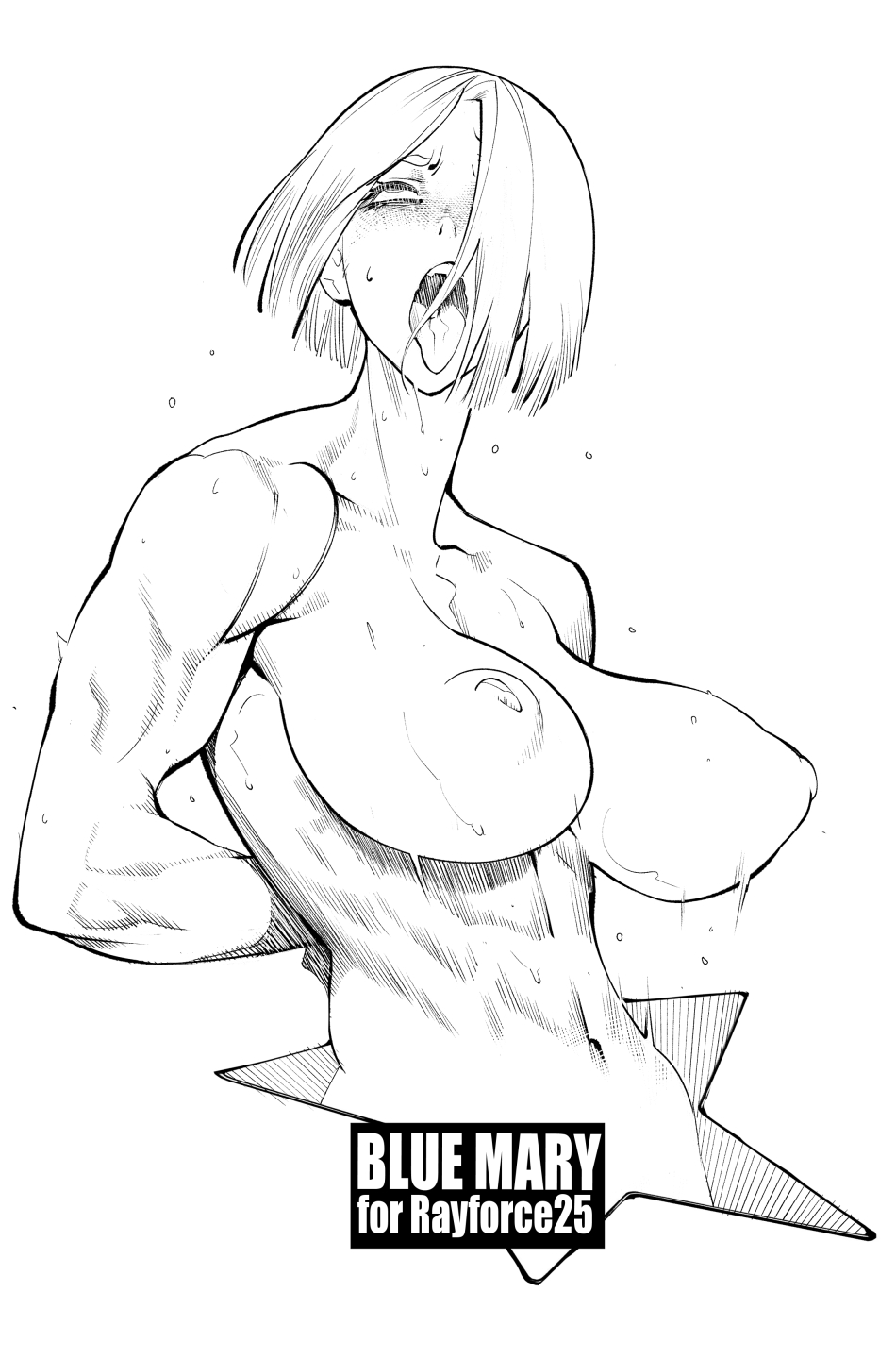 1girl abs ahegao bare_shoulders blonde_hair blue_mary bob_cut bound bound_wrists breasts burustandin commentary completely_nude english_commentary fatal_fury greyscale highres inverted_nipples large_breasts monochrome muscular muscular_female navel nipples nude sagging_breasts short_hair snk solo the_king_of_fighters