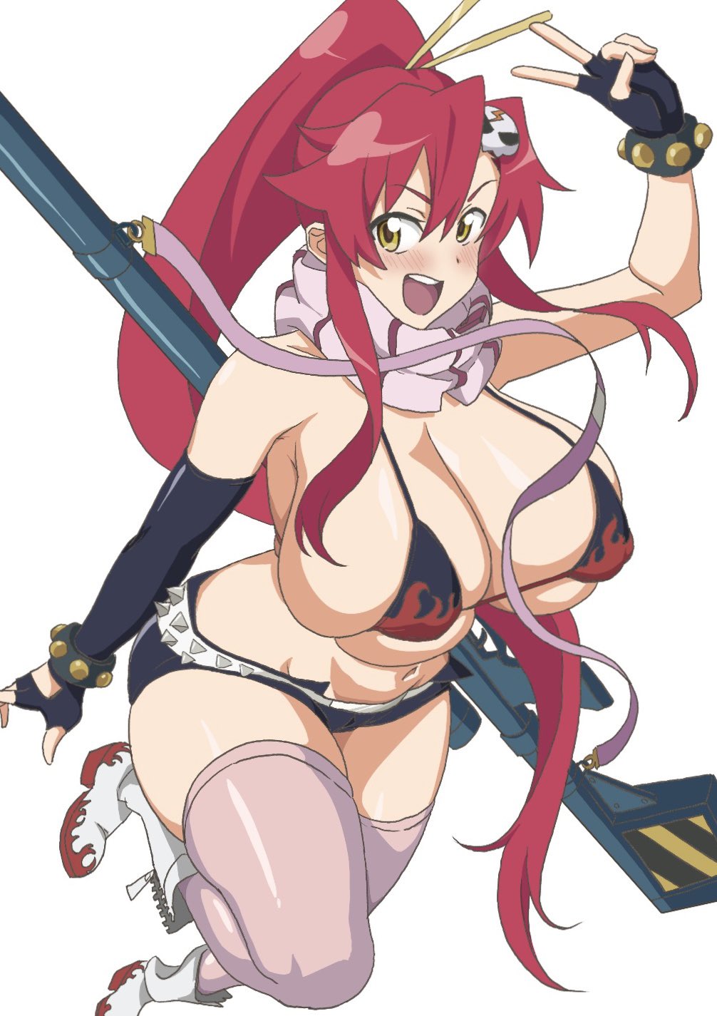 1girl asymmetrical_gloves bare_shoulders belt bikini bikini_top_only black_bikini blush boots bracelet breasts commentary_request covered_erect_nipples curvy flame_print from_above gloves gun hair_ornament hair_stick high_heel_boots high_heels high_ponytail highres huge_breasts jewelry kazuto_(kazutortype) long_hair looking_at_viewer looking_to_the_side multicolored_scarf navel no_shirt pink_socks ponytail red_hair rifle scarf short_shorts shorts sidelocks simple_background skull_hair_ornament socks solo strap striped_clothes striped_scarf studded_belt studded_bracelet swimsuit tengen_toppa_gurren_lagann thighhighs thighs uneven_gloves v weapon white_background white_boots yellow_eyes yoko_littner zettai_ryouiki zipper