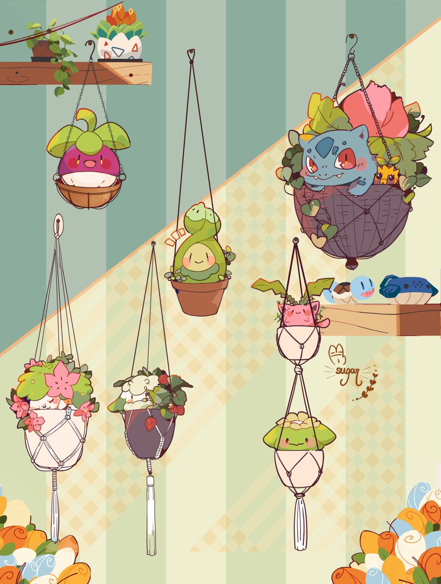 :d blush blush_stickers bounsweet budew closed_mouth commentary cottonee fangs flower food fruit gen_1_pokemon gen_2_pokemon gen_3_pokemon gen_4_pokemon gen_5_pokemon gen_7_pokemon highres hoppip ivysaur leaf legendary_pokemon mythical_pokemon nintendo no_humans open_mouth orange_flower pokemon pokemon_(creature) red_eyes shaymin shaymin_(land) shelf signature skiploom smile squirtle strawberry sugahri sunkern togepi wailmer