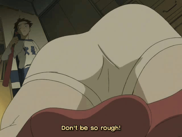 1boy 1girl animated animated_gif ass ass_focus ass_shake baseball_bat cameltoe flcl haruhara_haruko huge_ass nandaba_naota red_socks shirt short_shorts shorts socks thick_thighs thighs white_shorts