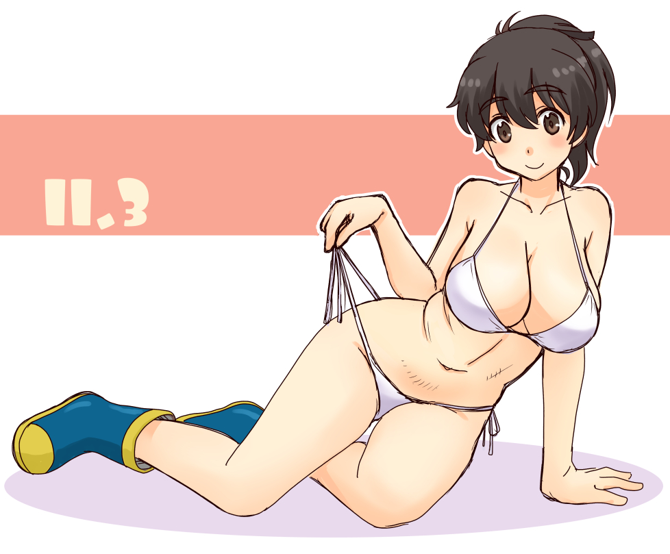 1girl arm_support bikini bikini_bottom_pull blue_boots boots breasts brown_eyes brown_hair cleavage collarbone commentary_request dated full_body girls_und_panzer halterneck koyama_yuzu looking_at_viewer lying navel on_side open_clothes ponytail side-tie_bikini_bottom solo swimsuit untied_bikini uona_telepin white_bikini
