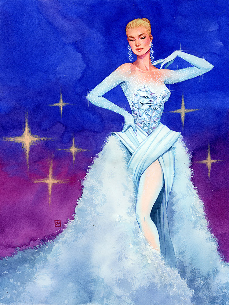 1girl alternate_costume bare_shoulders blonde_hair blue_background blue_dress breasts closed_eyes commentary commission crystal_dress dress earrings emma_frost english_commentary formal_clothes gradient_background hair_bun hair_pulled_back hand_on_own_hip hellfire_gala jewelry kevin_wada marvel medium_breasts multicolored_dress purple_background solo sparkle white_dress x-men