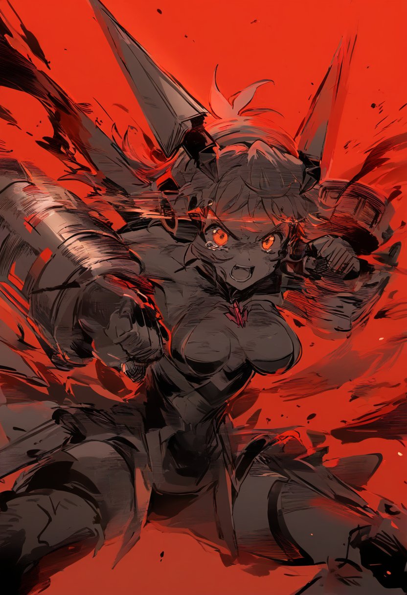 1girl ai-generated armpits bodysuit breasts clenched_hands gauntlets gloves highres long_hair looking_at_viewer medium_breasts monochrome open_mouth red_background red_eyes senki_zesshou_symphogear solo tachibana_hibiki_(symphogear) tears thighs x8n6reytyn75033