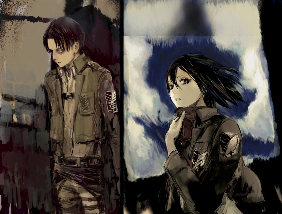 1boy 1girl adjusting_scarf affair anatidae bad_tag belt betrayal black_hair cheating_(relationship) coat cowboy_shot disgrace disgust incest incestuous incestus infidelity levi_(shingeki_no_kyojin) lips looking_at_viewer mikasa_ackerman netorare netorase open_mouth out_of_character pants scarf shingeki_no_kyojin shirt short_hair sketch thigh_strap unfaithful upper_body wind