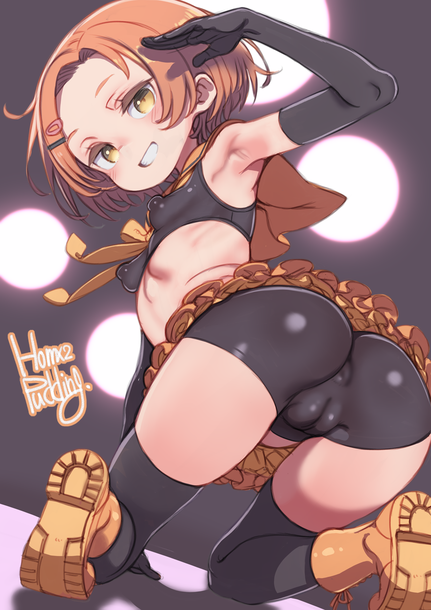 1girl armpits artist_name ass bike_shorts black_gloves black_shorts black_sports_bra black_thighhighs boots cameltoe commentary_request covered_anus covered_erect_nipples elbow_gloves from_behind gloves grin hair_ornament hairclip highres idolmaster idolmaster_cinderella_girls kneeling loli looking_at_viewer miniskirt orange_boots orange_hair orange_sailor_collar orange_skirt parted_lips pleated_skirt puddinghomhom ryuzaki_kaoru sailor_collar shoe_soles short_hair short_shorts shorts skirt smile solo sports_bra thighhighs yellow_eyes