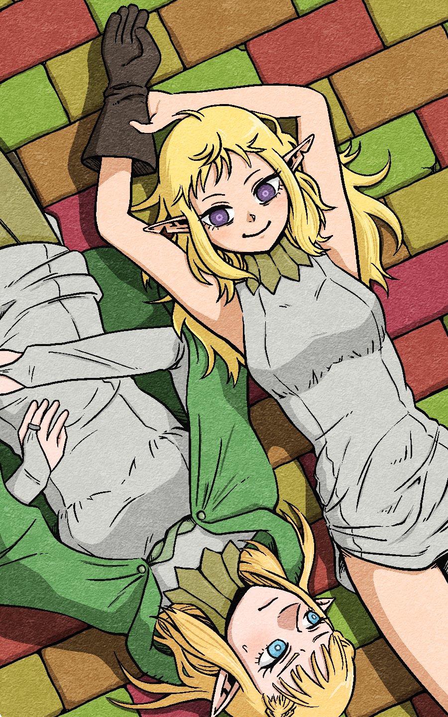 2girls arms_up blonde_hair blue_eyes cloak dungeon_meshi elf fleki gloves gorget green_cloak hayate_dare highres hood hooded_cloak long_hair long_sleeves lying multiple_girls notched_ear on_back pattadol pointy_ears purple_eyes single_glove sleeveless smile tunic